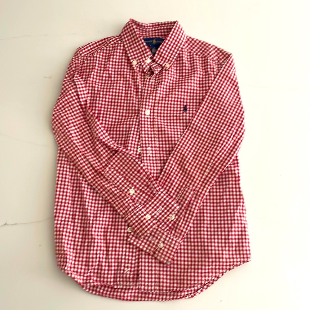 Boys Red and White Gingham Check Button down by Ralph Lauren